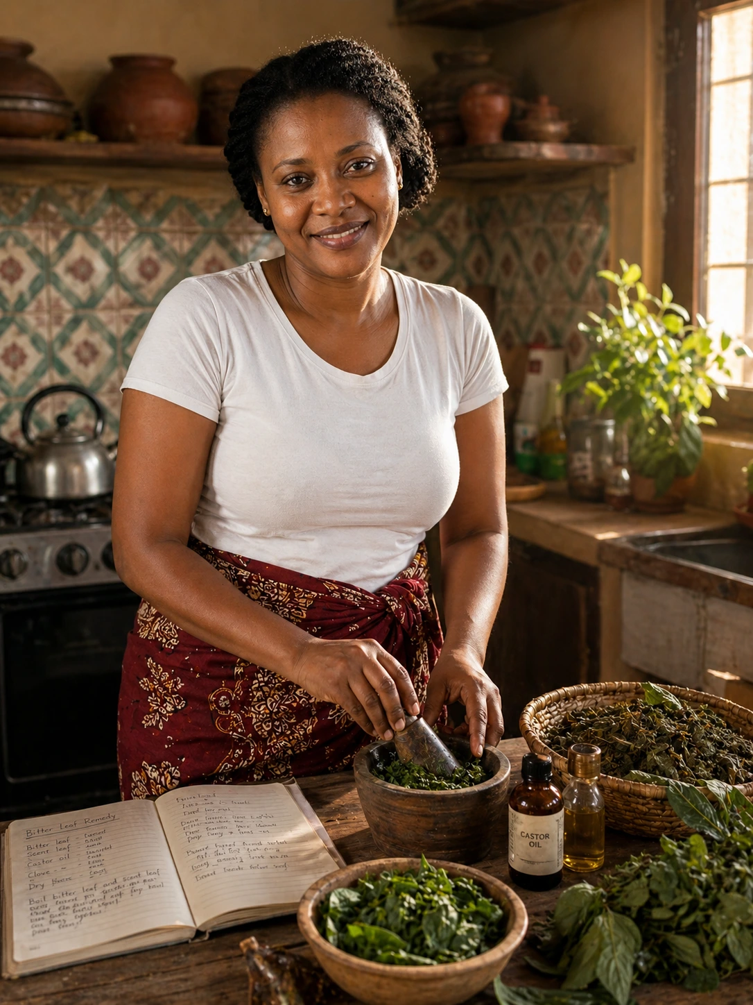 Ndidi preparing herbal remedies in her kitchen